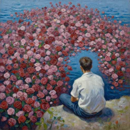 a man sitting alone at the dense sea of love, realistic, intricate, highly detailed, 8 k. palette knife oil painting on canvas by leonid afremov.