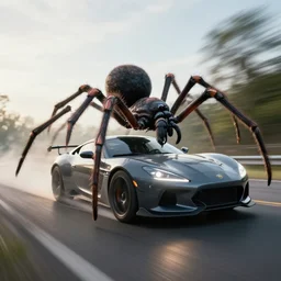 A fast moving car with big spiders attacking it