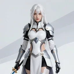 female warrior princess with white hair full shot, by Ruan Jia and Vergil hoo, abstract background