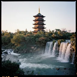 kodak portra 4 0 0 photo of detailed ancien chines tower, with waterfalls and river, golden hour, wide angle, 3 5 mm, sharp focus, soft light, volumetric light, trending on pinterest, in the style of gregory crewdson and thomas kinkade, masterpiece