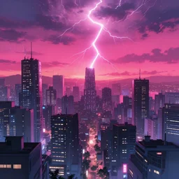 digital art of an anime style surreal cyberpunk city, magenta sunset, amazing lightning made by makoto shinkai
