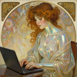 a girl with curly hair working on her laptop, iridescent scaled skin, refraction and reflections, translucent, shawl, robes, scarf, artstation, painting by alphonse mucha and bouguereau and ruan jia and conrad roset
