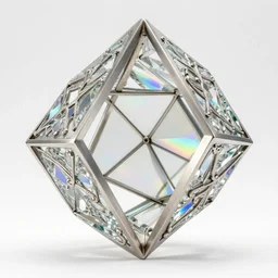 geometric mathematical shaped metal sculpture with ornate crystal glass elements reflecting rainbows into iridescent patterns in the shape of a skull by jack storms, octane render, 4 k, intricate, detailed, 3 d