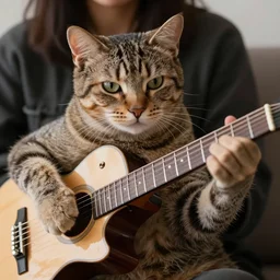 cat with thumbs playing a 7 string guitar