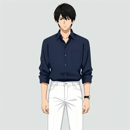 aesthetic illustration of very serious ryosuke takahashi with black hair wearing a dark blue shirt and white pants stands leaning with one leg on his white mazda rx 7 on an empty gas station at dusk, initial d anime 1 0 8 0 p, detailed anime face, high detail, 9 0 s anime aesthetic, volumetric lights, unreal engine 5 render, pinterest wallpaper,