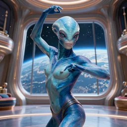 vfx movie scene closeup portrait of beautiful blue body paint buff muscular alien man dancing in sleek futuristic decadent spaceship pillars, alien antenna, futuristic ballroom. big eyes, soft skin, giant windows view of earth obit. by emmanuel lubezki