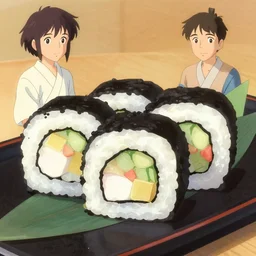 illustration of philadelphia roll sushi, in traditional japan style, by makoto shinkai and takashi takeuchi