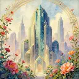 a painting of an art - deco cityscape surrounded by flowers, a watercolor and matte painting by magali villenueve and mandy jurgens and charlie bowater, cgsociety, artdeco, utopia art, sci - fi, artstation hq