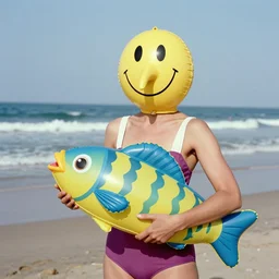 1976 woman wearing a smiley prosthetic mask with long snout nose and nostril, soft color wearing a swimsuit at the beach 1976 holding a an inflatable fish color film 16mm Almodovar John Waters Russ Meyer Doris Wishman old photo