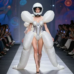 star base, walking down the catwalk, vogue photo, podium, fashion show photo, iris van herpen baroque dress, beautiful woman, perfect body, full body shot, helmet on face, inflateble shapes, masterpiece, guyver, biomechanical details, denis villeneuve, movie still, fauvism, cinestill, bokeh, artstation