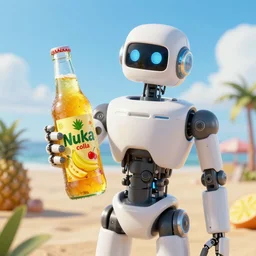robot holding a bottle of delicious pineapple, cherry & banana flavoured nuka cola, post apocalypse, unreal engine, retro futurism, dieselpunk, 3 d art, concept art, highly detailed, pop art, by artgerm and jakub rozalsky