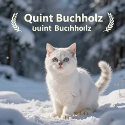 a cute little white cat in winter wonderland, artwork of quint buchholz
