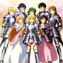 princesses posing together in armor. by takashi takeuchi, yoshiyuki sadamoto, amagaitaro, makoto shinkai, krenz cushart, asao urata, pixiv
