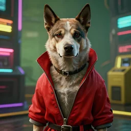 fancy dog in a red robe, screenshot from cyberpunk 2 0 7 7, highly detailed, vibrant colors, cyberpunk, unreal engine 5