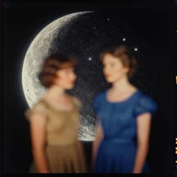 kodak portra 4 0 0, wetplate, muted colours, blueberry, motion blur, portrait photo of a backdrop, sparkling, halfmoon in space, by georges melies and by britt marling