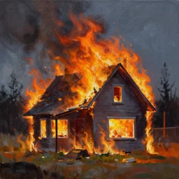 acrylic painting of a house burning