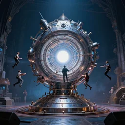 teleportation machine in our world, with people using it for travel, the machine is a large metal contraption with a bright light in the center, style of cirque du soleil