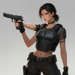 girl, wearing kevlar vest, holding m 1 9 1 1 pistol, concept art, contrapposto