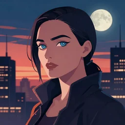Cyberpunk woman with eye implants, city, sunset, night, moon, buildings, portrait shot, illustration, poster art by Drew Struzan