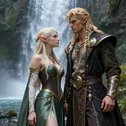 fantasy art of an elf and a human dressed in expensive clothes and jewellery, standing beneath a waterfall, unreal engine, marvellous, trending on deviant art, best art, octane render