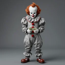 Pennywise the clown wearing a suit and holding a stash of banknotes in his hands, full body shot, highly-detailed