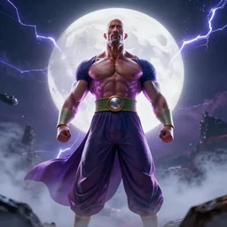 full shot of Dwayne Johnson as Supa Saiyajin Broly at moonlight, lightning bolt, apocalyptic background, by Akira Toriyama, high detail, unreal engine 4k volumetric light, fog,