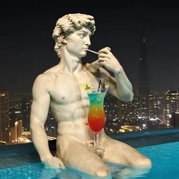 the statue david from michelangelo drinking a huge colorful cocktail, sitting in an infinity pool in dubai at night