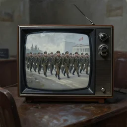 dark oil realistic painting a huge retro television is showing military parade in a gloomy soviet office, oppressive atmosphere
