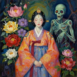 elegant flowers, gorgeous korean goddess, beautiful zombie, necronom v painting by lise deharme and hr giger, lovecraft, vibrant color scheme, smile