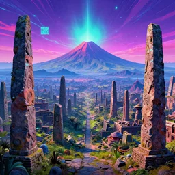 ancient stone monuments over sprawling mysterious town, volcano valley, infinite sky, ( ( ( synthwave ) ) ), bright neon colors, highly detailed, cinematic, tim white, michael whelan, roger dean, bob eggleton, philippe druillet, vladimir kush, kubrick, haeckel, alfred kelsner