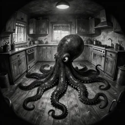 dark palette emo black, fisheye, naive, extra narrow, detailed illustration of an unlit kitchen, large floor, octopus shaped by rhads from lorax movie