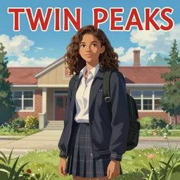 Twin Peaks poster artwork by Michael Whelan and Tomer Hanuka, Rendering of Zendaya!!!!!!!! a high school student, standing outside high school from scene from Twin Peaks, full of details, by Makoto Shinkai and thomas kinkade, Matte painting, trending on artstation and unreal engine