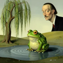 spherical frog looking out of a pond with a non - euclidean weeping willow next to it, geometrical surrealism, by rene magritte and salvadore dali