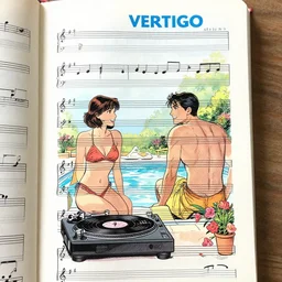 sunny day, sheet music, people smiling, jamie hewlett, ashley wood, vertigo comics style, love, blue skies, poolside, flowers, summer, turntables