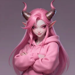 a highly detailed illustration of cute smug pink haired pale demon girl with curved horns wearing oversized pink hoodie, dramatic smirk pose, intricate, elegant, highly detailed, centered, digital painting, artstation, concept art, smooth, sharp focus, league of legends concept art, wlop.