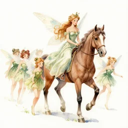 highly detailed watercolor, procession of fairies led by fairy queen on a horse, long hair, nostalgia for a fairytale, magic realism, flowerpunk, mysterious, by charles vess, anato finnstark, cinematic lighting, beautiful face by leyendecker