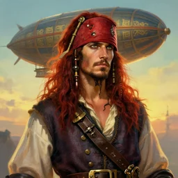 portrait painting of a handsome rugged long hair crimson hair male pirate, soft hair steampunk ornate zeppelin in the sky sunset golden hour art by greg rutkowski gaston bussiere fantasy soft hair trending on artstation deviantart book cover art concept art key art dramatic volumetric lighting, 4 k, award winning