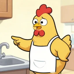 clipart of an anthropomorphized hen with a worried expression, wearing an apron, pointing to the kitchen sink