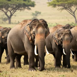 woolly mammoth in a heard of asian elephants