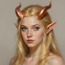 A head-on detailed oil portrait of a pretty elf woman with small copper colored horns on her forehead, long blonde hair and bright irises, by greg rutkowski, trending on artstation, dungeon and dragons art