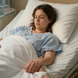 a mother on the hospital bed about to give birth holding her husband's hand, beautifully lit, detailed, by artgerm and rutkowski, featured on artstation, cgsociety