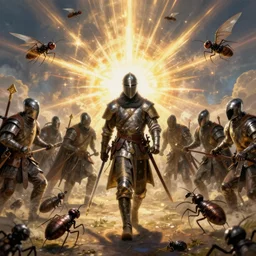 medieval soldiers battling insect men, fantasy artwork