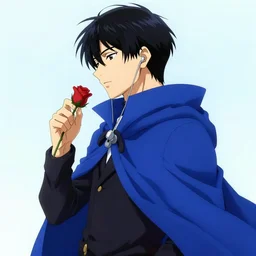 an anime image illustrated by katsuya terada. it's of a young man with a royal blue cape. his head is cocked to one side, as if listening to some music. he stands by a red rose bud,