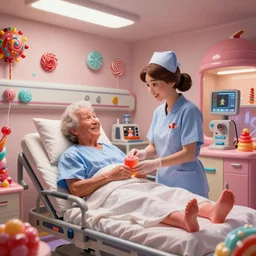 photo of a happy patient and nurse in a hospital room made out of soft candy, candy equipment, candy hospital room, candy treatments, oompa loompa virus, willy wonka pandemic
