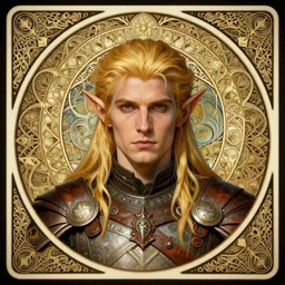head-on symmetrical centered painted portrait, elf male ranger, blonde hair, leather armour, art nouveau, tarot card style, complex fractal tarot card background, fantasy, intricate, elegant, highly detailed, smooth, sharp focus, illustration, artstation, in the style of Artgerm and Anna Podedworna and Alex Ross and Mucha