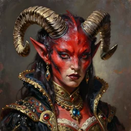 painted close - up portrait of a attractive red - skinned intimidating demon cyborg girl with ram horns! oil painting, wearing a noblewoman's outfit, fantasy art by john singer sargent and gaston bussiere and james jean and greg rutkowski, demon noble character design, hd