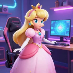 Princess Daisy as a twitch streamer, gamer room with neon lights, professional setup