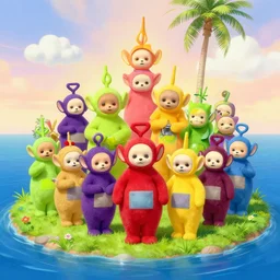 survivor on an island full of evil teletubbies, takashi murakami artwork, sinister teletubbies, lsd