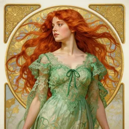 intricate art nouveau oil painting of redheaded young millie bobby brown with long hair blowing in the wind, wearing an intricate green lace dress, highly detailed, intricate golden symmetric pattern background, elegant, digital painting, smooth, sharp focus, illustration, ultra realistic, 8 k, by bouguereau, alphonse mucha, artgerm, and donato giancola