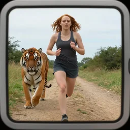 screenshot of go pro footage from front view emma stone running in front of tiger